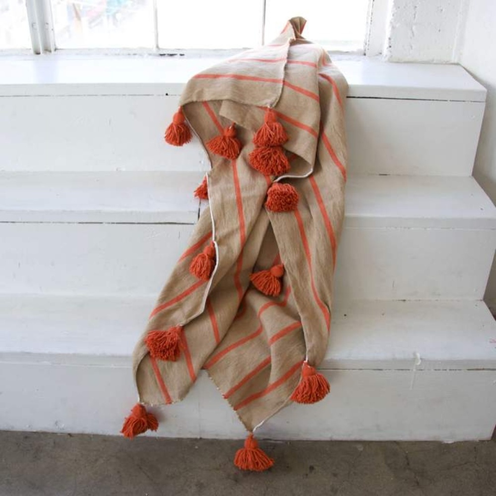 Moroccan Pom Blanket - Orange & Natural Striped